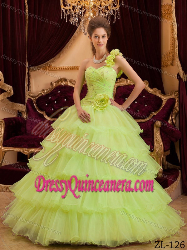 Yellow Green Princess Ruffles One Shoulder Ruffles Quinceanera Dresses